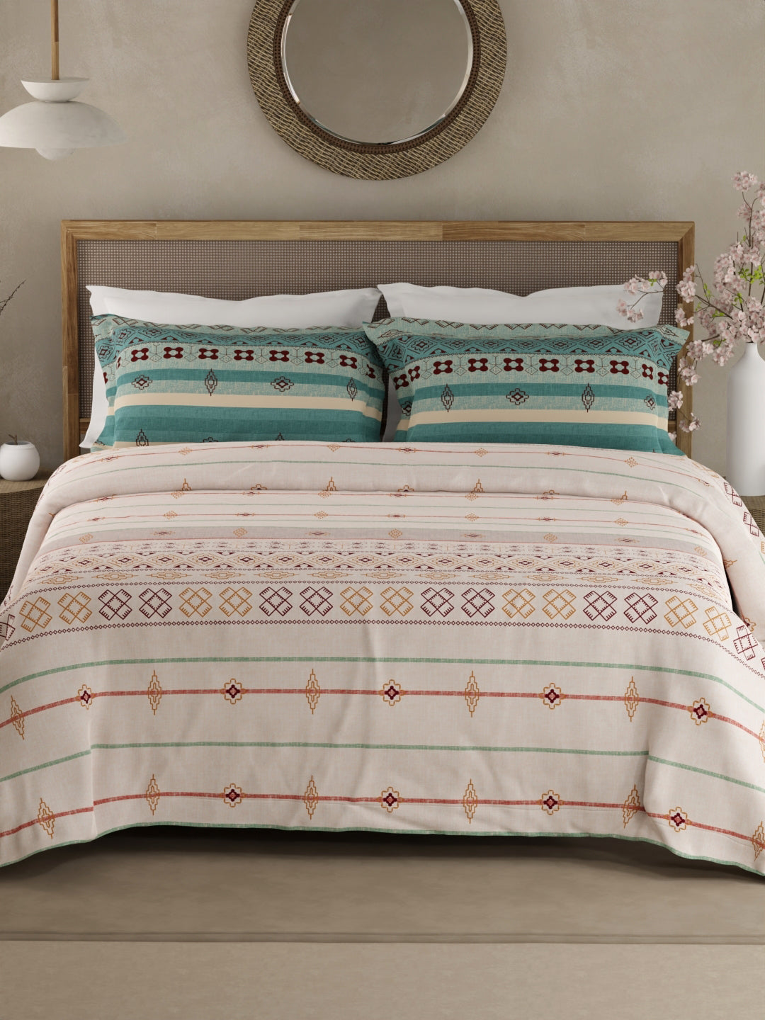 Valatia Gypsy 100% Cotton 200 TC Ethnic Printed King Bedsheet with 2 Pillow Covers - White