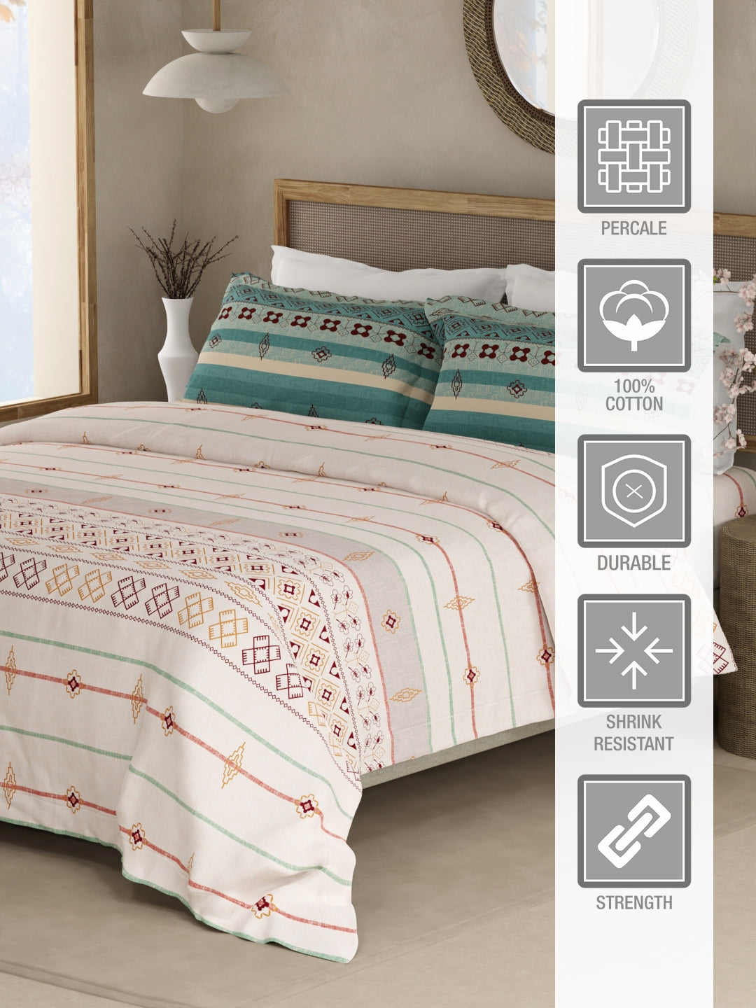 Valatia Gypsy 100% Cotton 200 TC Ethnic Printed King Bedsheet with 2 Pillow Covers - White