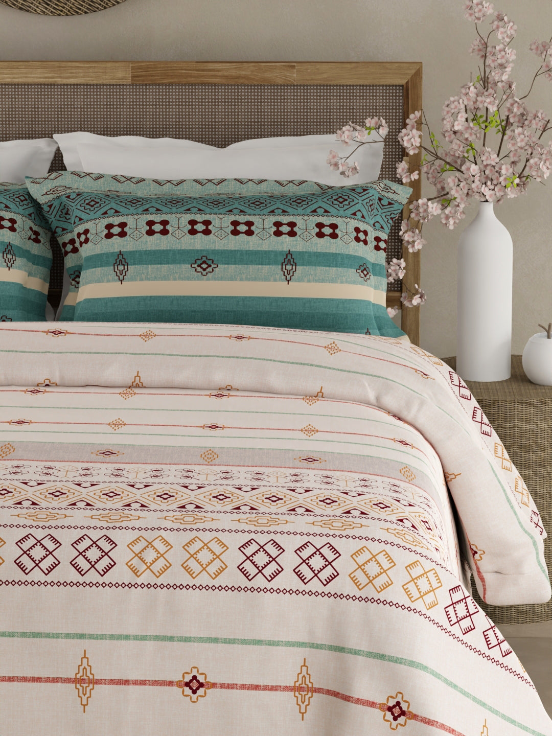 Valatia Gypsy 100% Cotton 200 TC Ethnic Printed King Bedsheet with 2 Pillow Covers - White