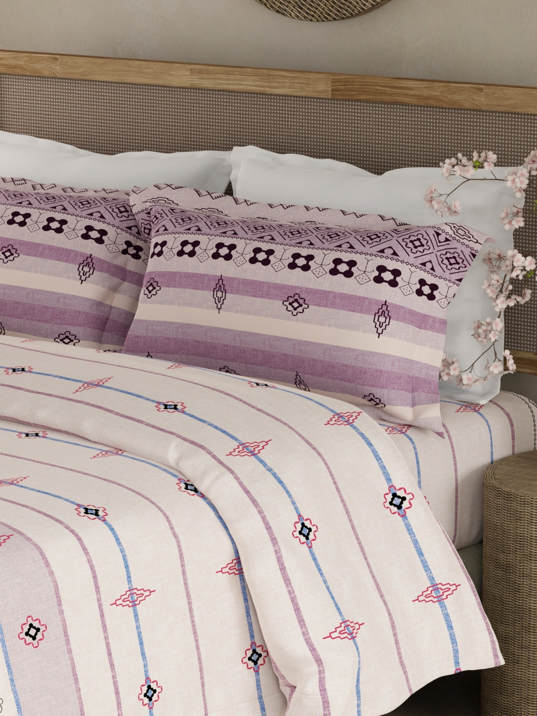 Valatia Gypsy 100% Cotton 200 TC Ethnic Printed King Bedsheet with 2 Pillow Covers - White