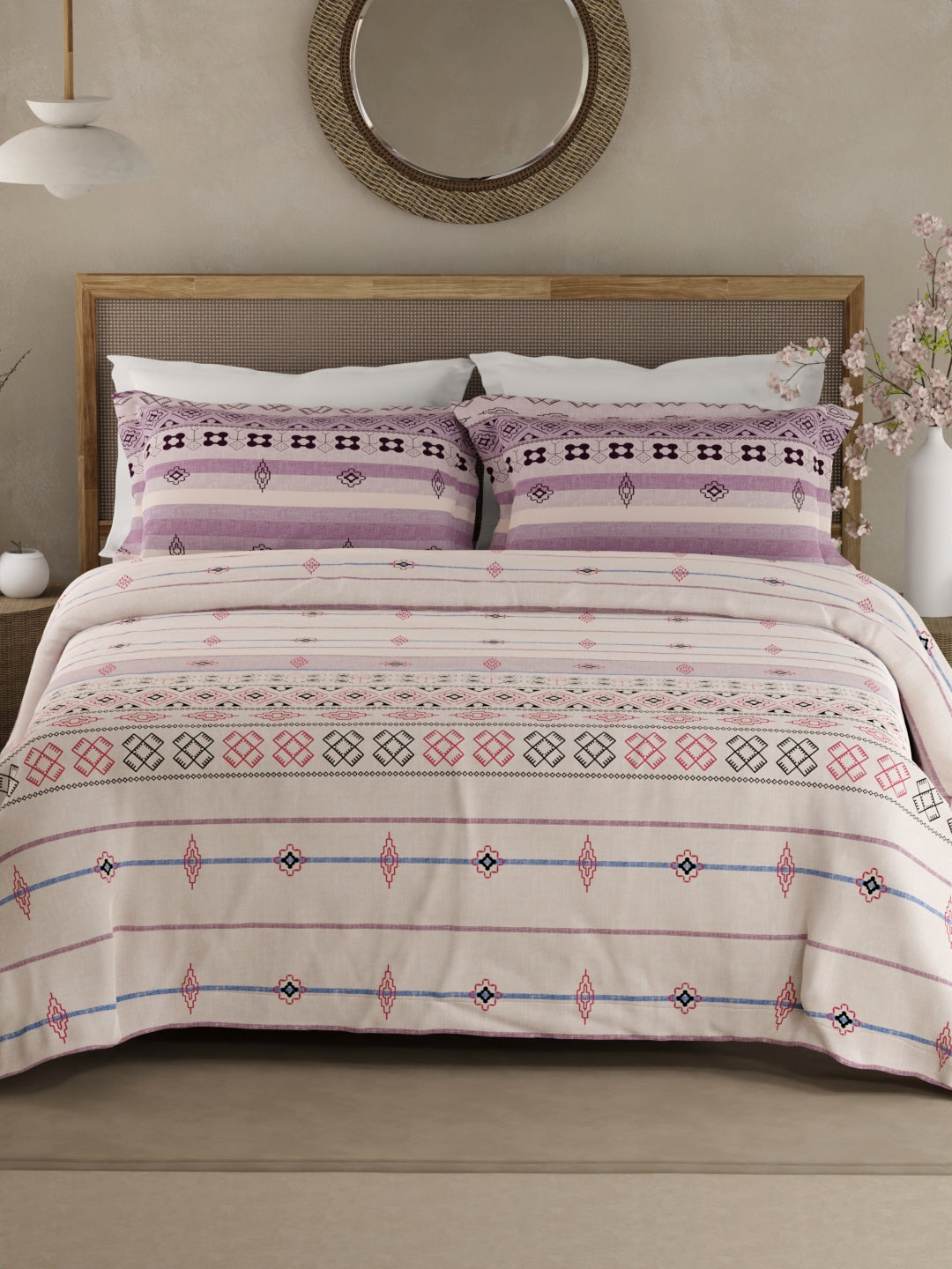 Valatia Gypsy 100% Cotton 200 TC Ethnic Printed King Bedsheet with 2 Pillow Covers - White