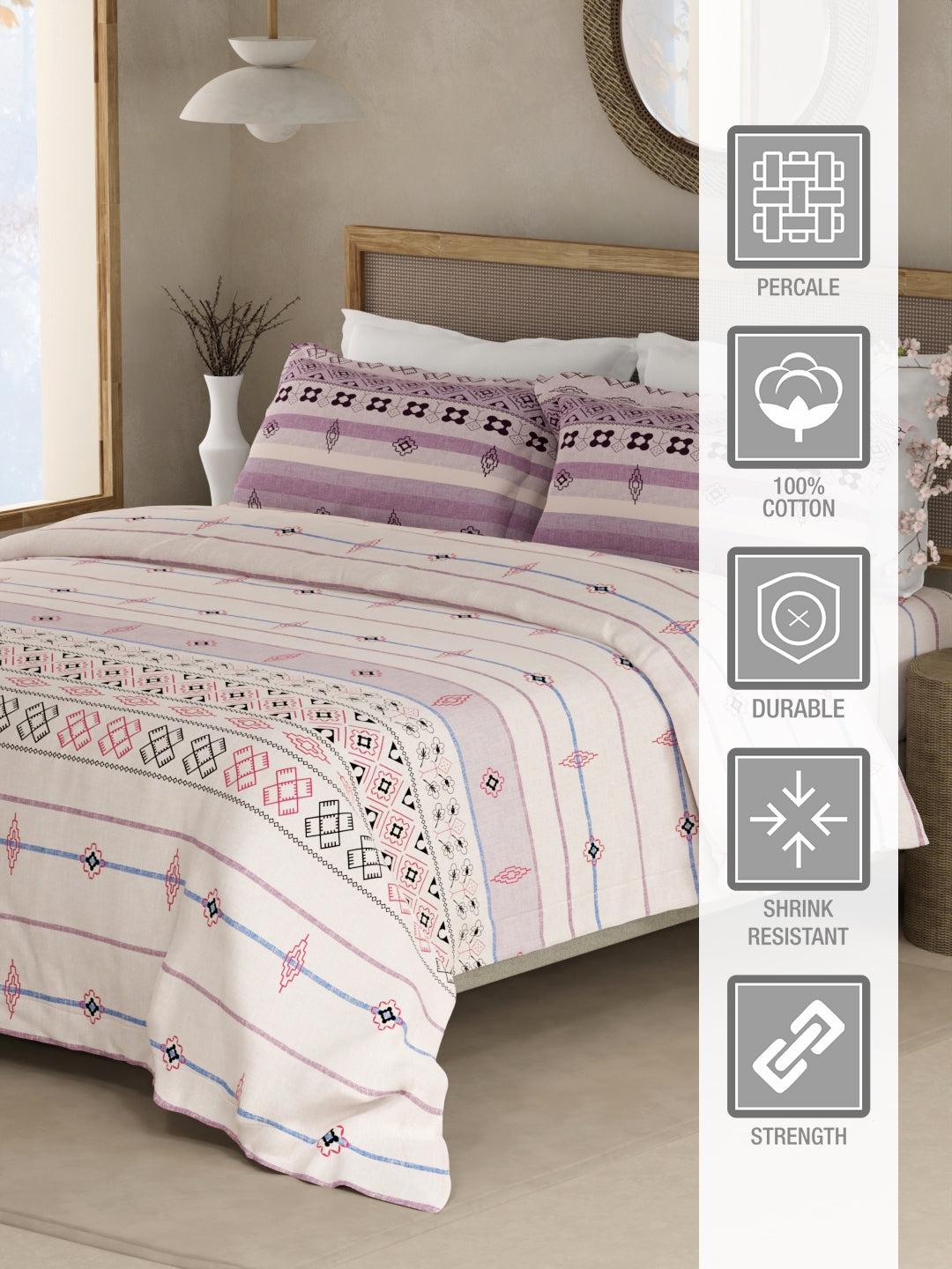 Valatia Gypsy 100% Cotton 200 TC Ethnic Printed King Bedsheet with 2 Pillow Covers - White