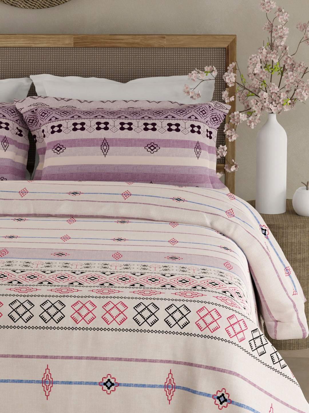 Valatia Gypsy 100% Cotton 200 TC Ethnic Printed King Bedsheet with 2 Pillow Covers - White