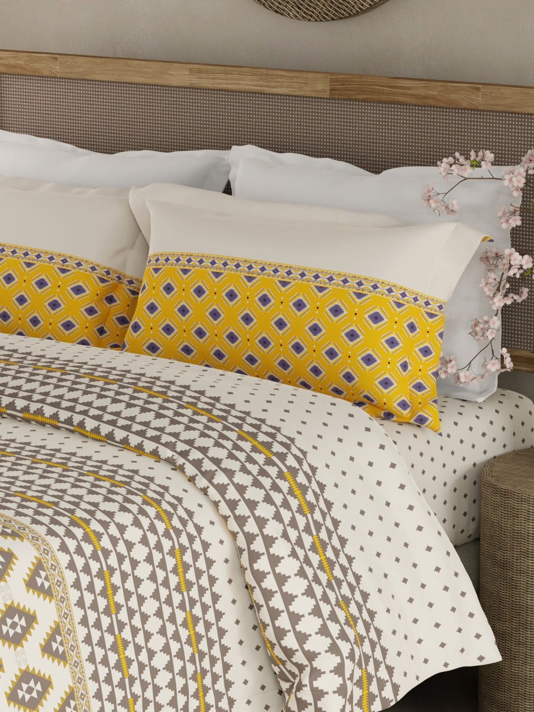 Valatia Gypsy 100% Cotton 200 TC Ethnic Printed King Bedsheet with 2 Pillow Covers - Yellow & White