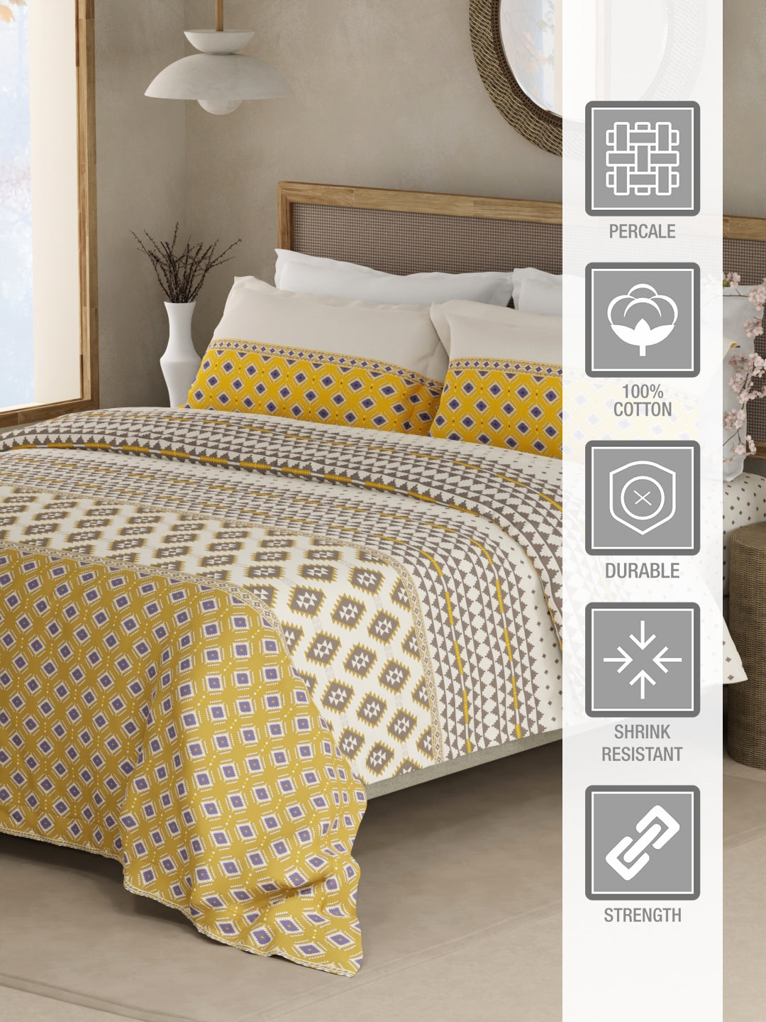 Valatia Gypsy 100% Cotton 200 TC Ethnic Printed King Bedsheet with 2 Pillow Covers - Yellow & White