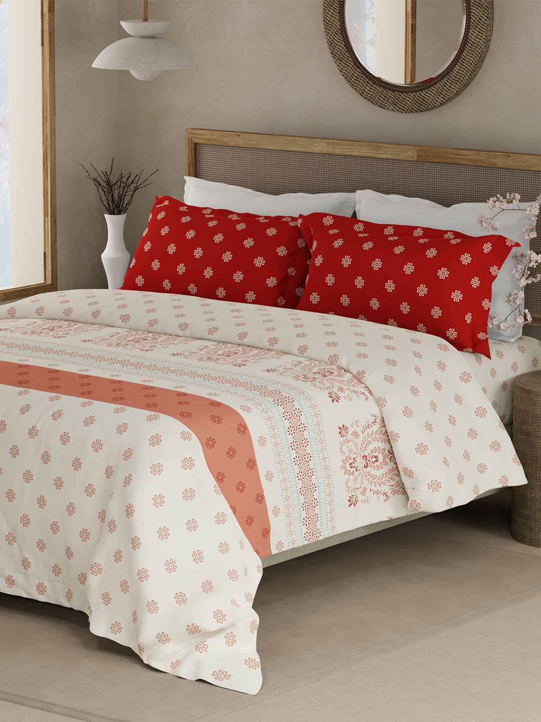 Valatia Gypsy 100% Cotton 200 TC Ethnic Printed King Bedsheet with 2 Pillow Covers - Red & White