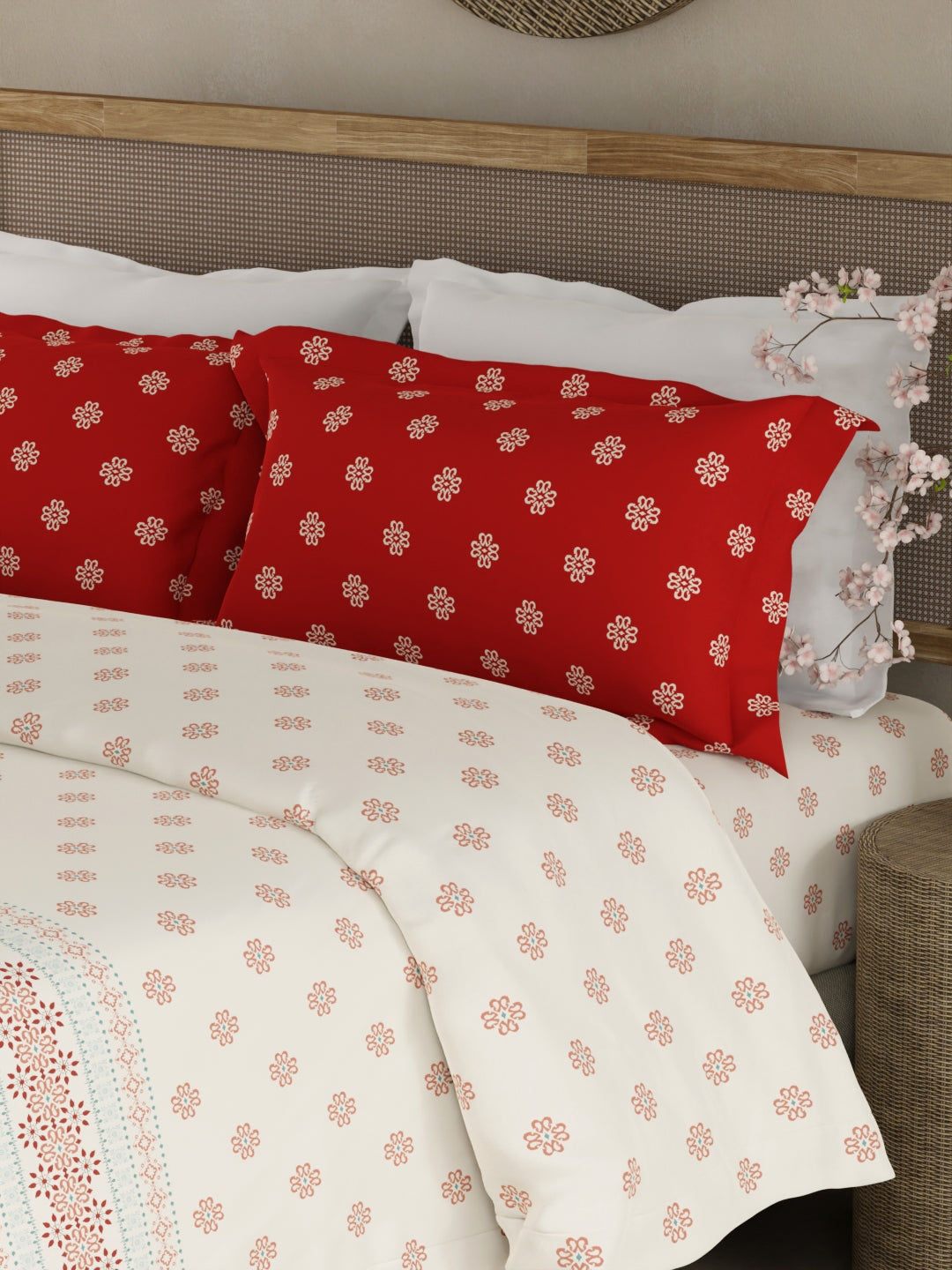 Valatia Gypsy 100% Cotton 200 TC Ethnic Printed King Bedsheet with 2 Pillow Covers - Red & White