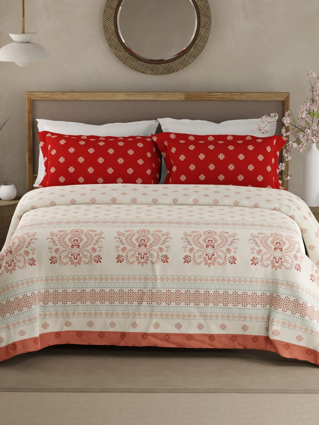 Valatia Gypsy 100% Cotton 200 TC Ethnic Printed King Bedsheet with 2 Pillow Covers - Red & White