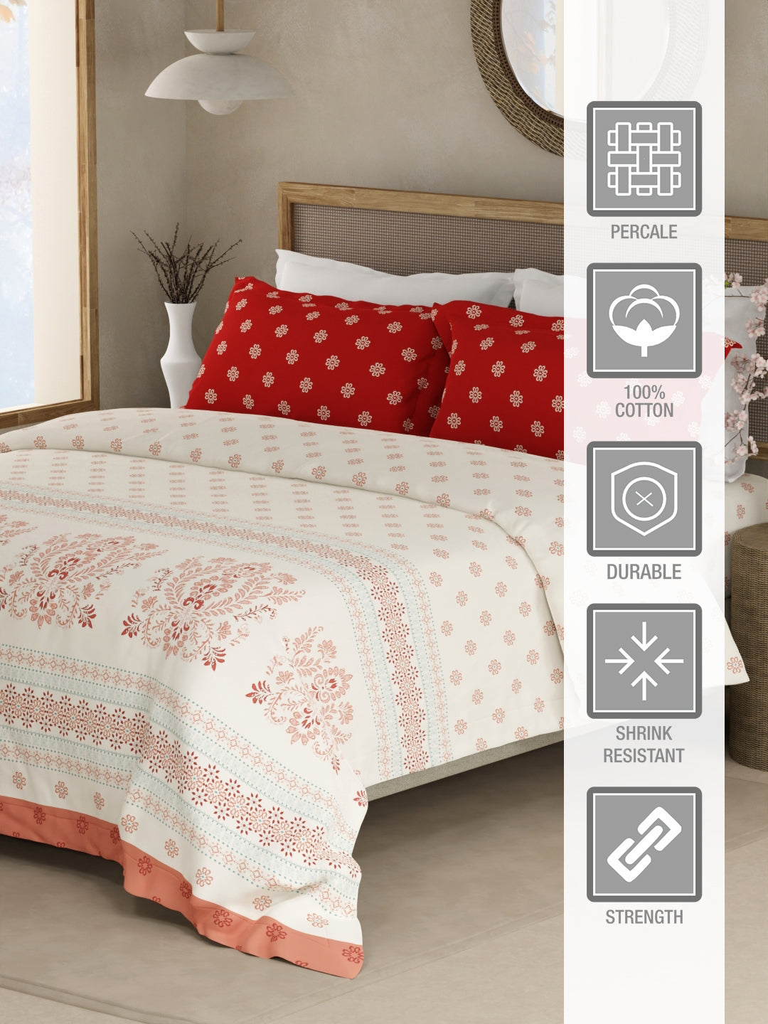 Valatia Gypsy 100% Cotton 200 TC Ethnic Printed King Bedsheet with 2 Pillow Covers - Red & White