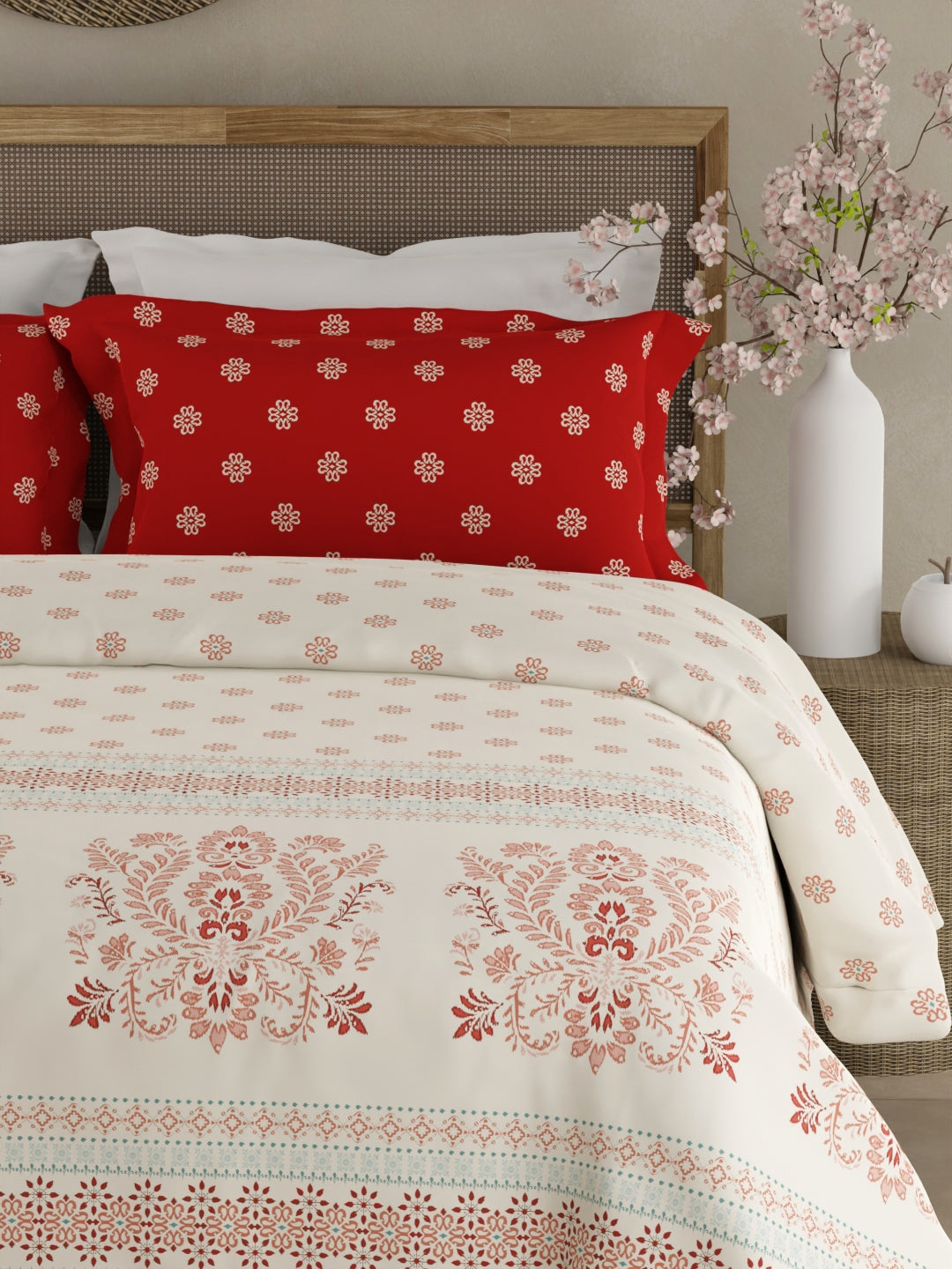 Valatia Gypsy 100% Cotton 200 TC Ethnic Printed King Bedsheet with 2 Pillow Covers - Red & White