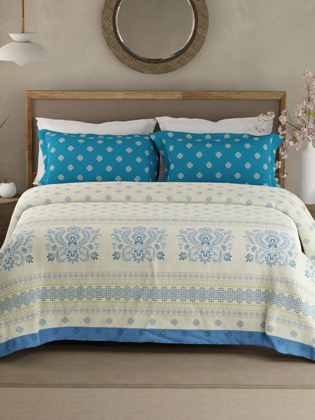 Valatia Gypsy 100% Cotton 200 TC Ethnic Printed King Bedsheet with 2 Pillow Covers - Blue & White