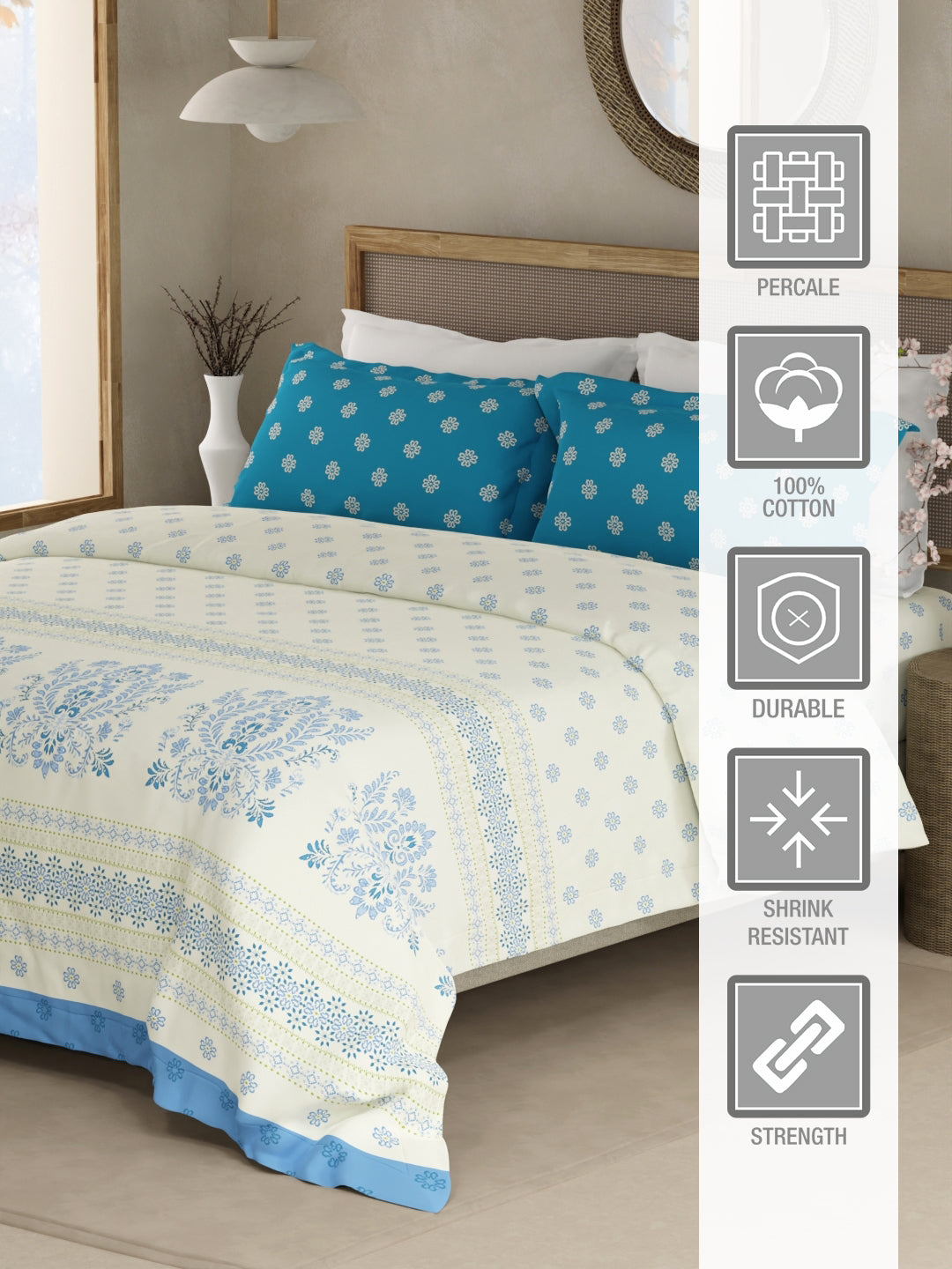 Valatia Gypsy 100% Cotton 200 TC Ethnic Printed King Bedsheet with 2 Pillow Covers - Blue & White