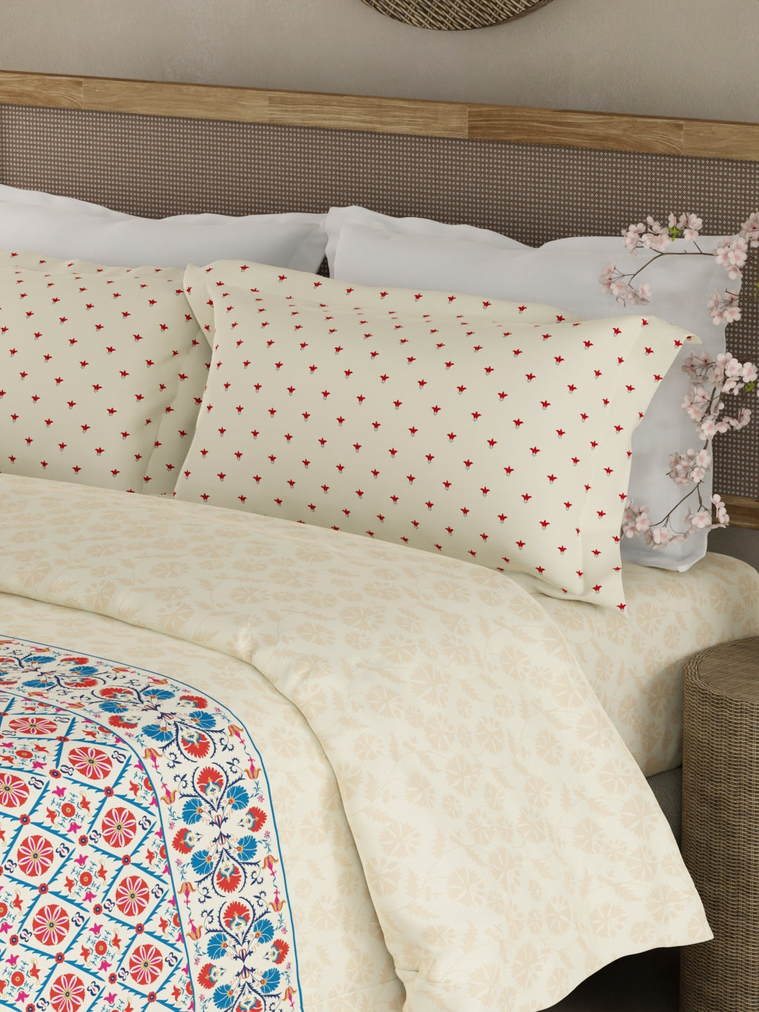 Valatia Gypsy 100% Cotton 200 TC Ethnic Printed King Bedsheet with 2 Pillow Covers - Red