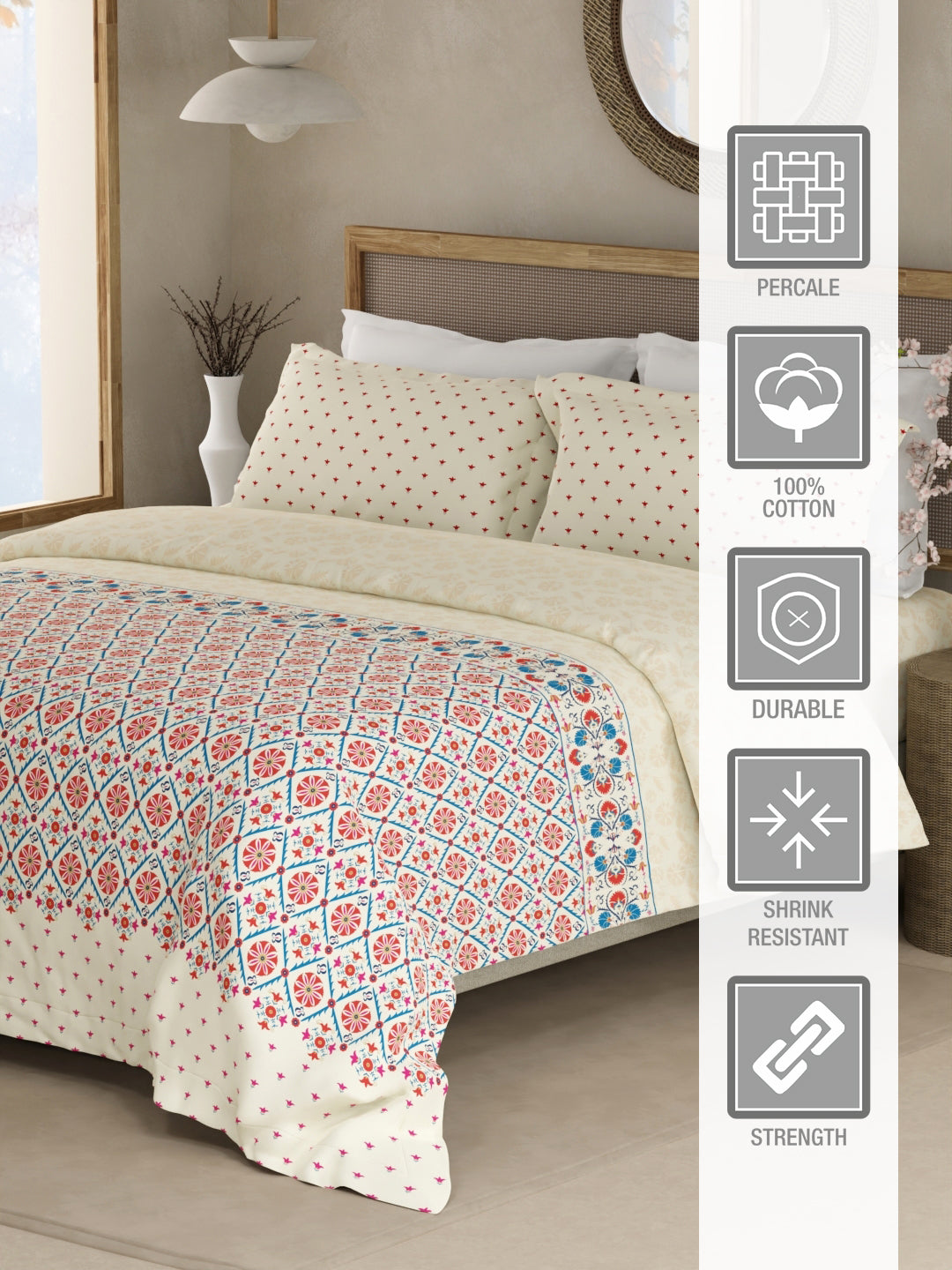 Valatia Gypsy 100% Cotton 200 TC Ethnic Printed King Bedsheet with 2 Pillow Covers - Red