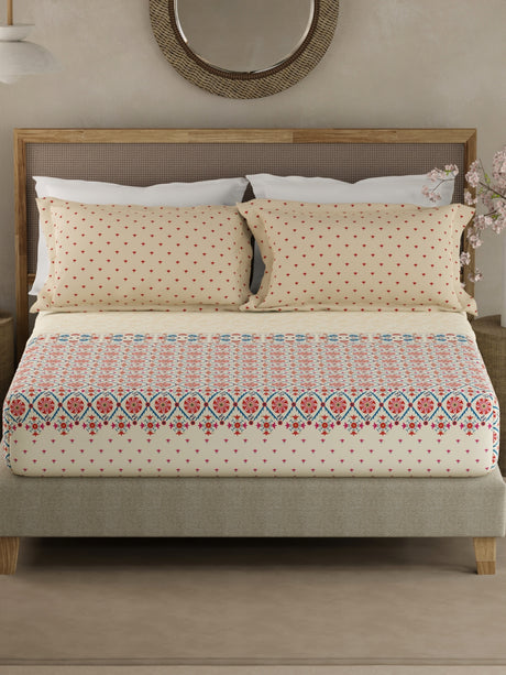 Valatia Gypsy 100% Cotton 200 TC Ethnic Print Fitted King Bedsheet with 2 Pillow Covers