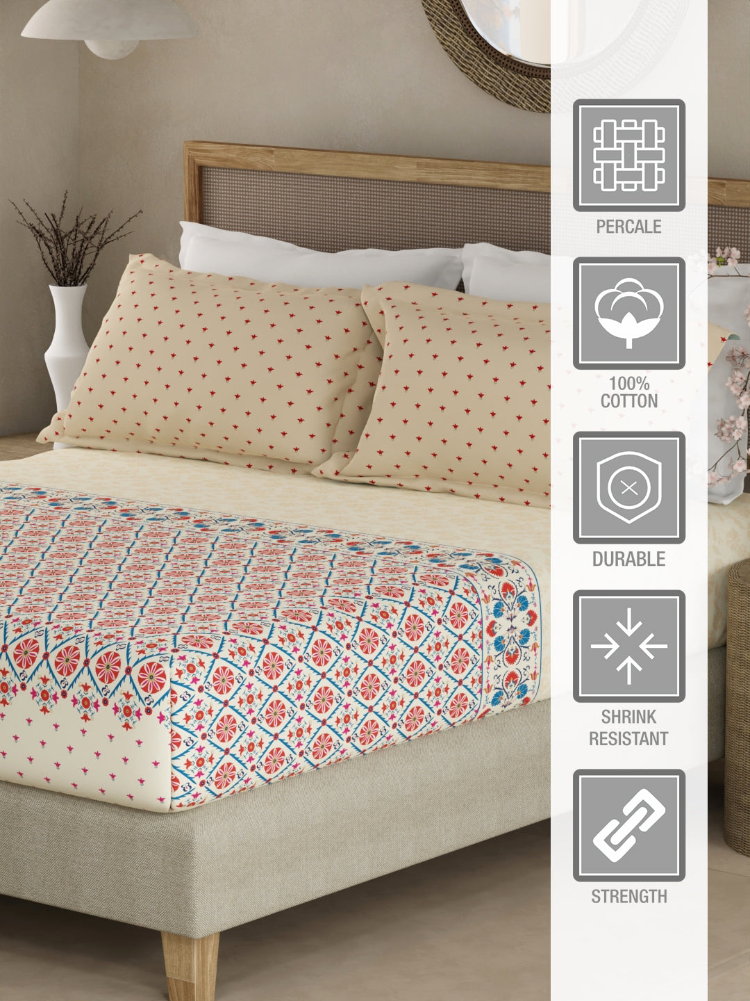 Valatia Gypsy 100% Cotton 200 TC Ethnic Print Fitted King Bedsheet with 2 Pillow Covers