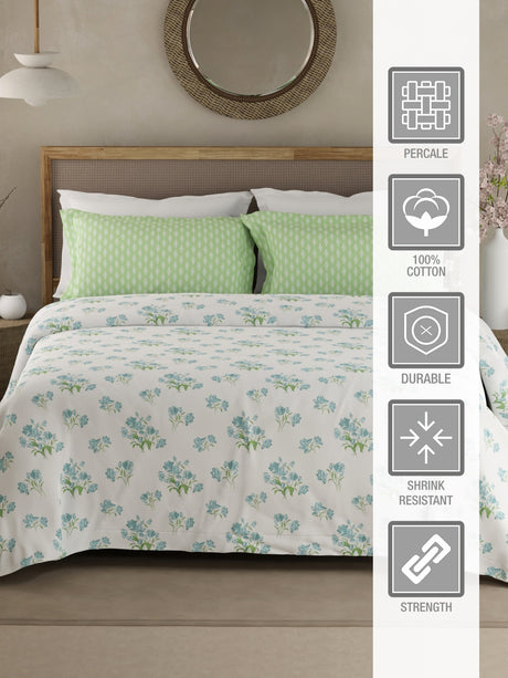 Valatia 100% Cotton 200 TC White & Green Floral King Bedsheet with 2 Pillow Covers