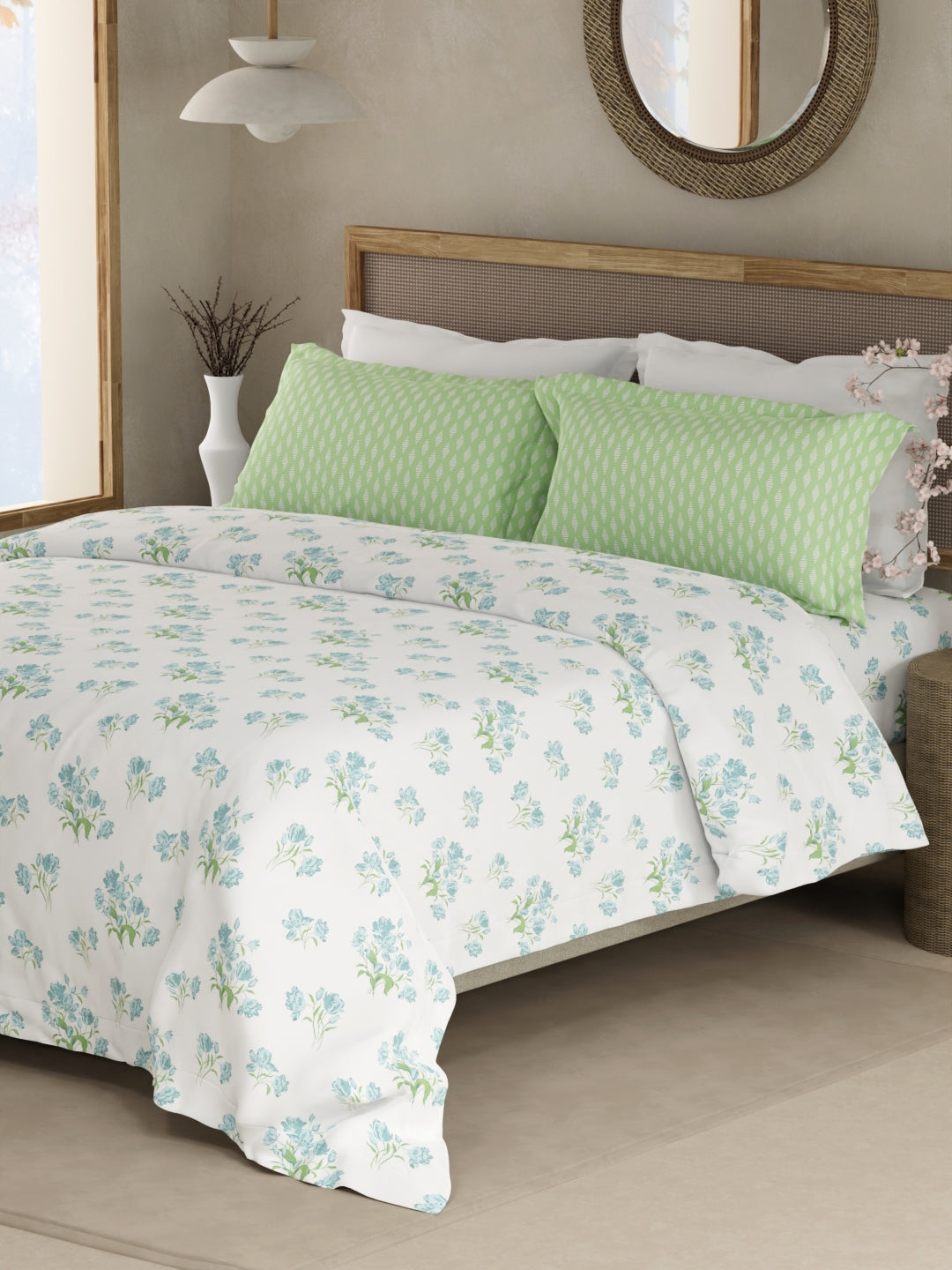 Valatia 100% Cotton 200 TC White & Green Floral King Bedsheet with 2 Pillow Covers