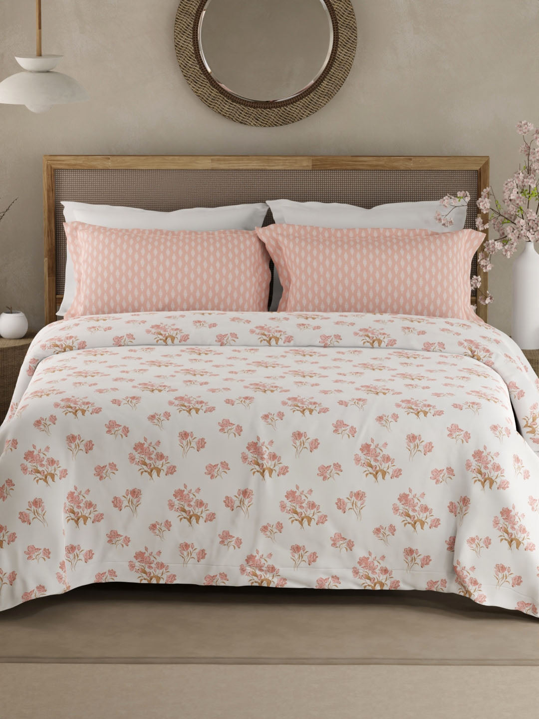 Valatia 100% Cotton 200 TC White & Pink Floral King Bedsheet with 2 Pillow Covers