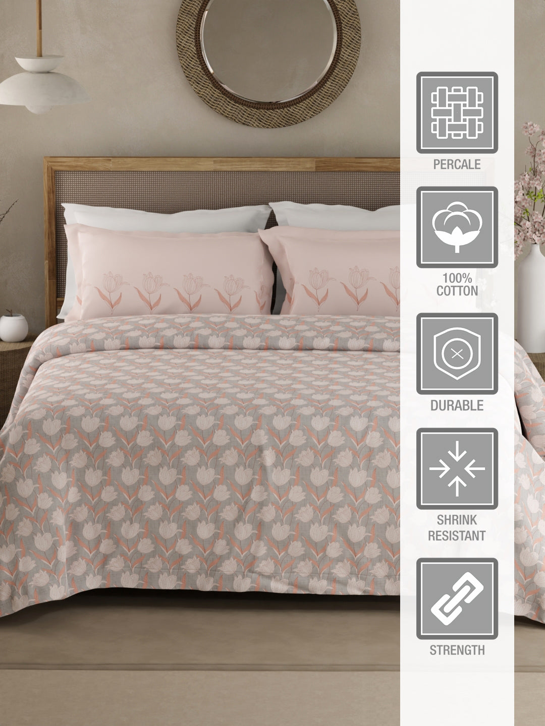Valatia 100% Cotton 200 TC Pink Floral King Bedsheet with 2 Pillow Covers