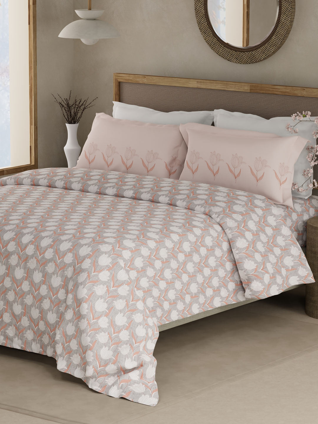 Valatia 100% Cotton 200 TC Grey Floral King Bedsheet with 2 Pillow Covers