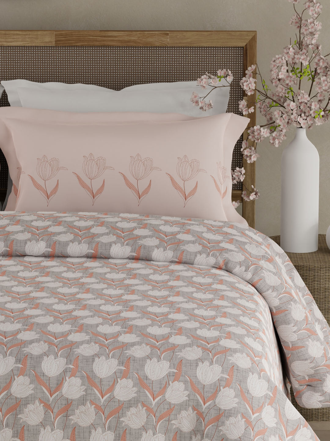 Valatia 100% Cotton 200 TC Grey Floral King Bedsheet with 2 Pillow Covers