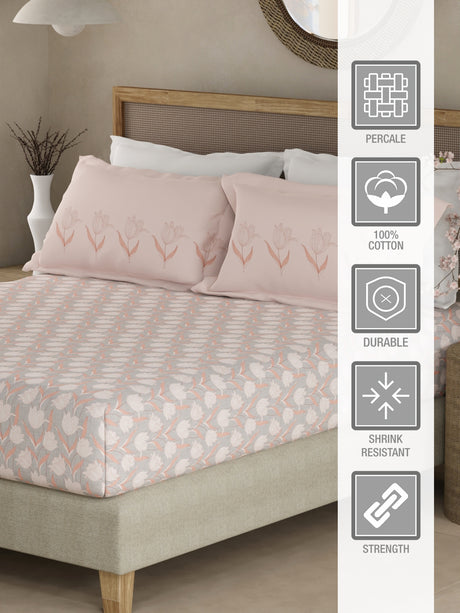Valatia 100% Cotton 200 TC Pink & Grey Floral King Fitted Bedsheet with 2 Pillow Covers