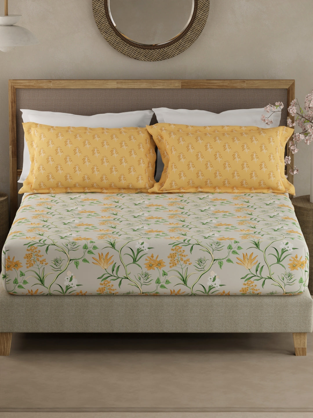 Valatia 100% Cotton 200 TC Yellow & Green Floral King Fitted Bedsheet with 2 Pillow Covers