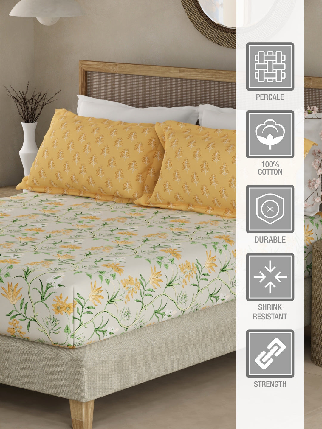 Valatia 100% Cotton 200 TC Yellow & Green Floral King Fitted Bedsheet with 2 Pillow Covers
