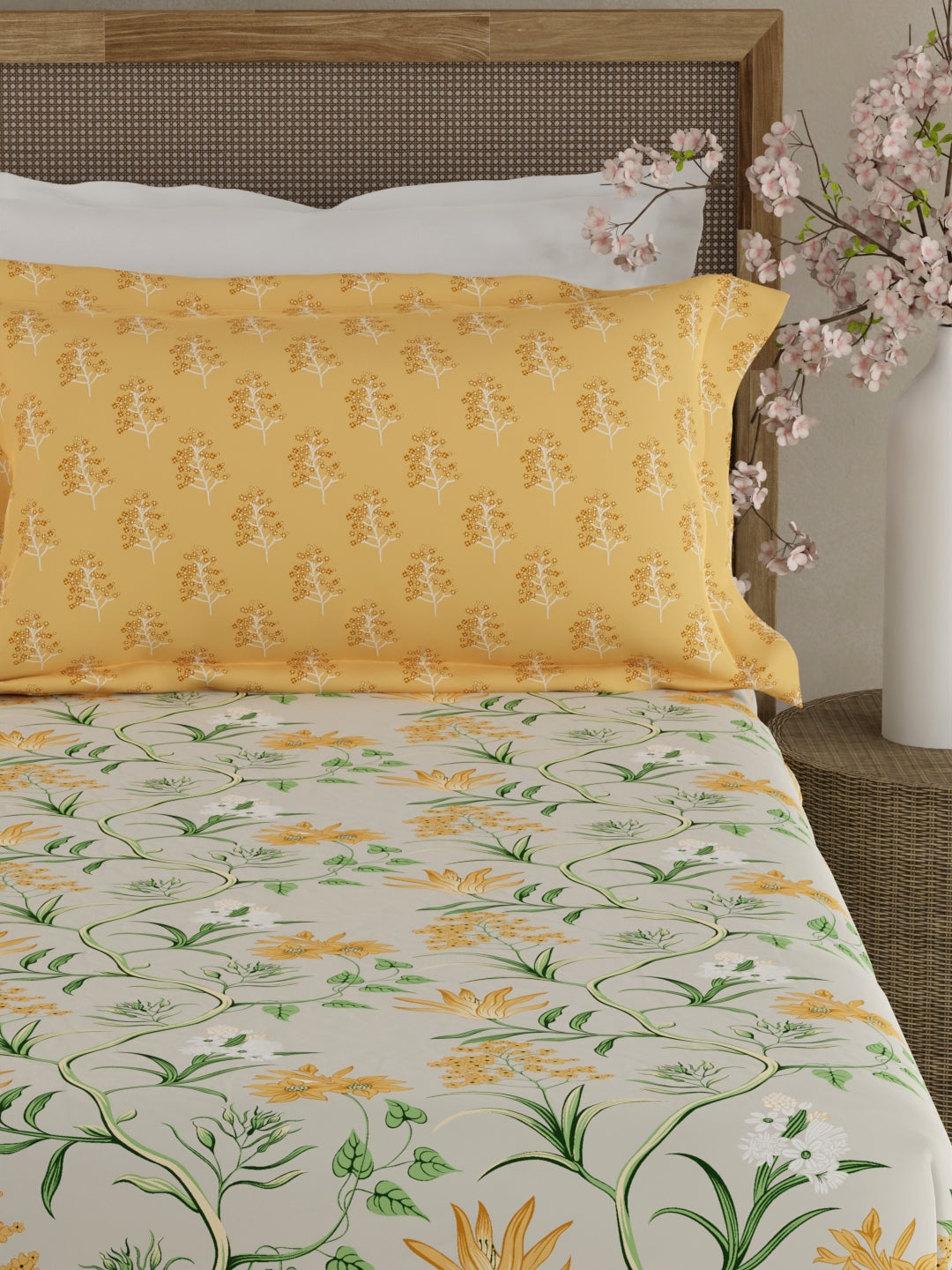 Valatia 100% Cotton 200 TC Yellow & Green Floral King Fitted Bedsheet with 2 Pillow Covers