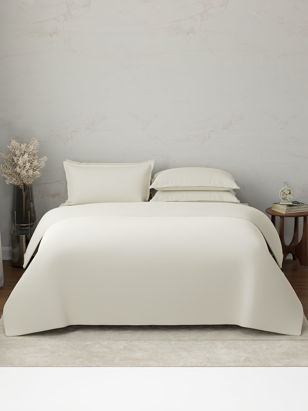 100% Cotton 300 TC, King Size Dyed Bedsheet with 1 Duvet Cover and 4 Pillow Covers, Emblem Collection - Antique White