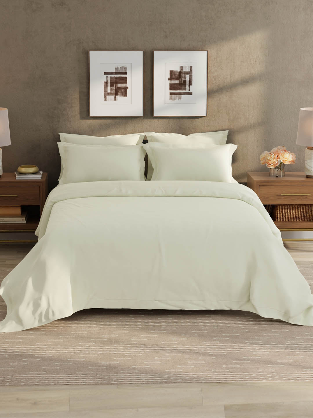 100% Cotton 300 TC, King Size Dyed Bedsheet with 1 Duvet Cover and 4 Pillow Covers, Emblem Collection - Antique White