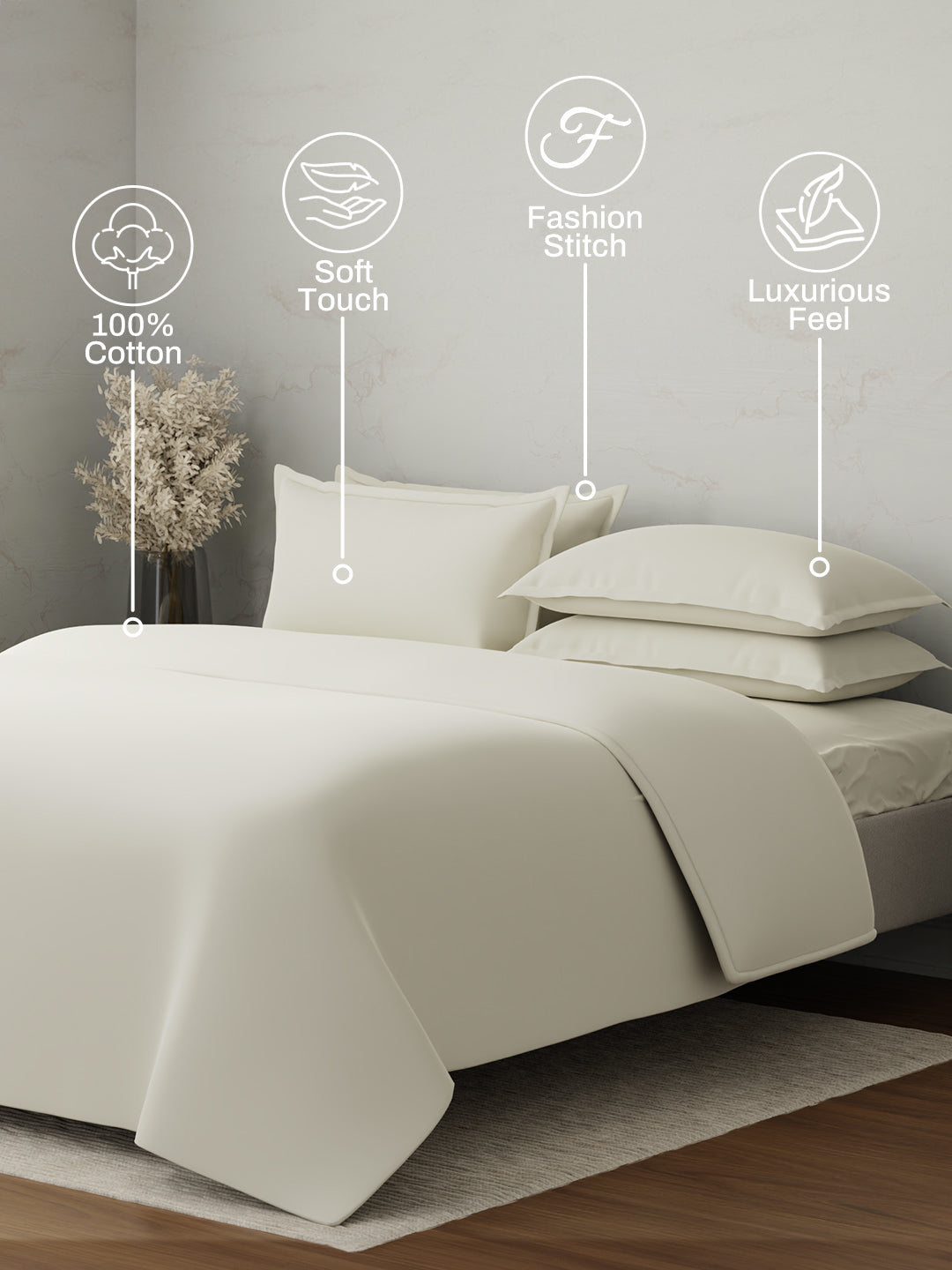 100% Cotton 300 TC, King Size Dyed Bedsheet with 1 Duvet Cover and 4 Pillow Covers, Emblem Collection - Antique White