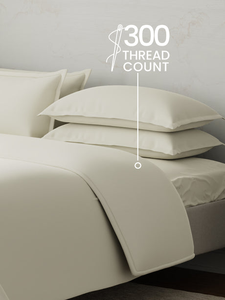 100% Cotton 300 TC, King Size Dyed Bedsheet with 1 Duvet Cover and 4 Pillow Covers, Emblem Collection - Antique White