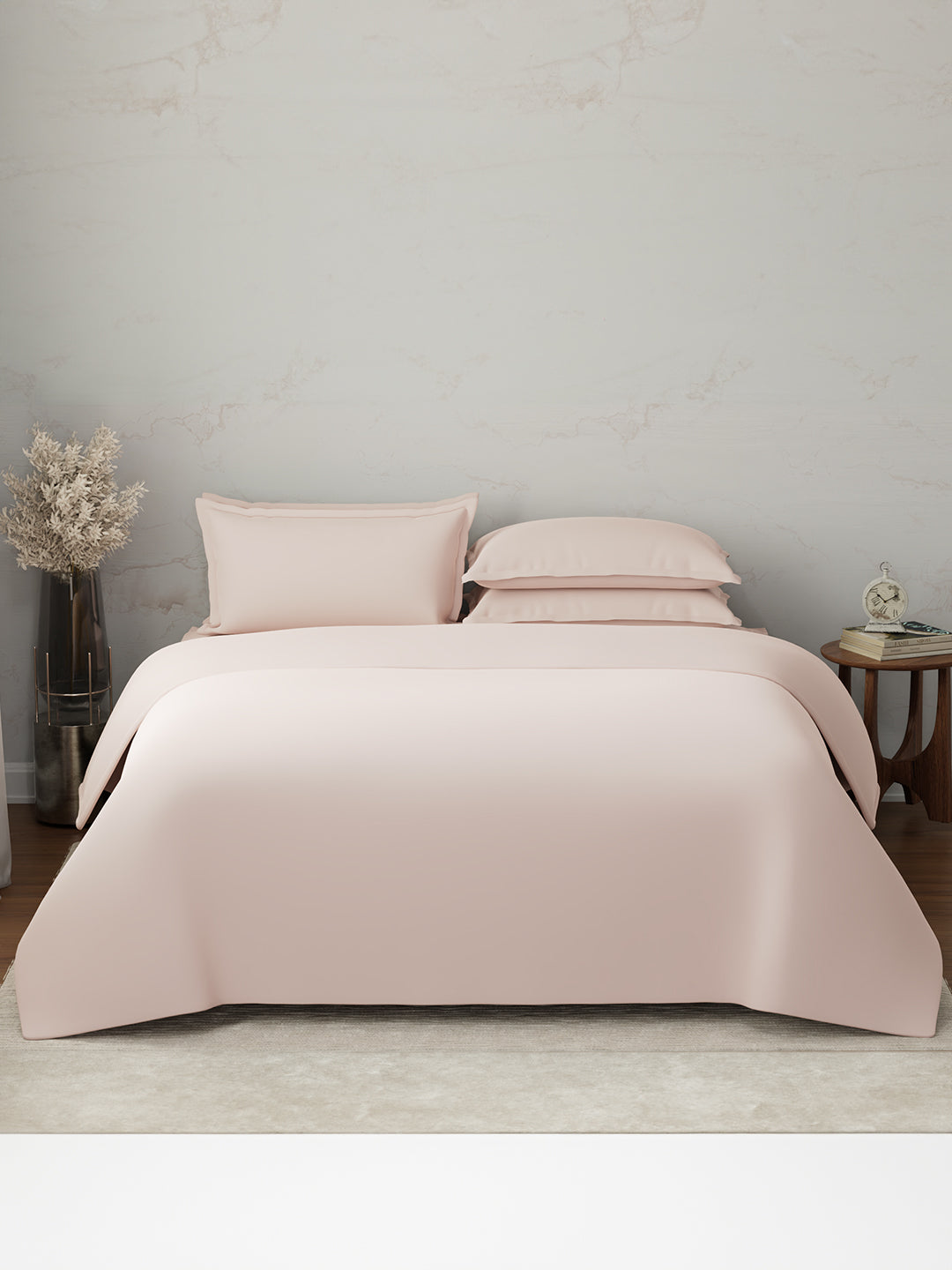 100% Cotton 300 TC, King Size Dyed Bedsheet with 1 Duvet Cover and 4 Pillow Covers, Emblem Collection - Pearl Blush