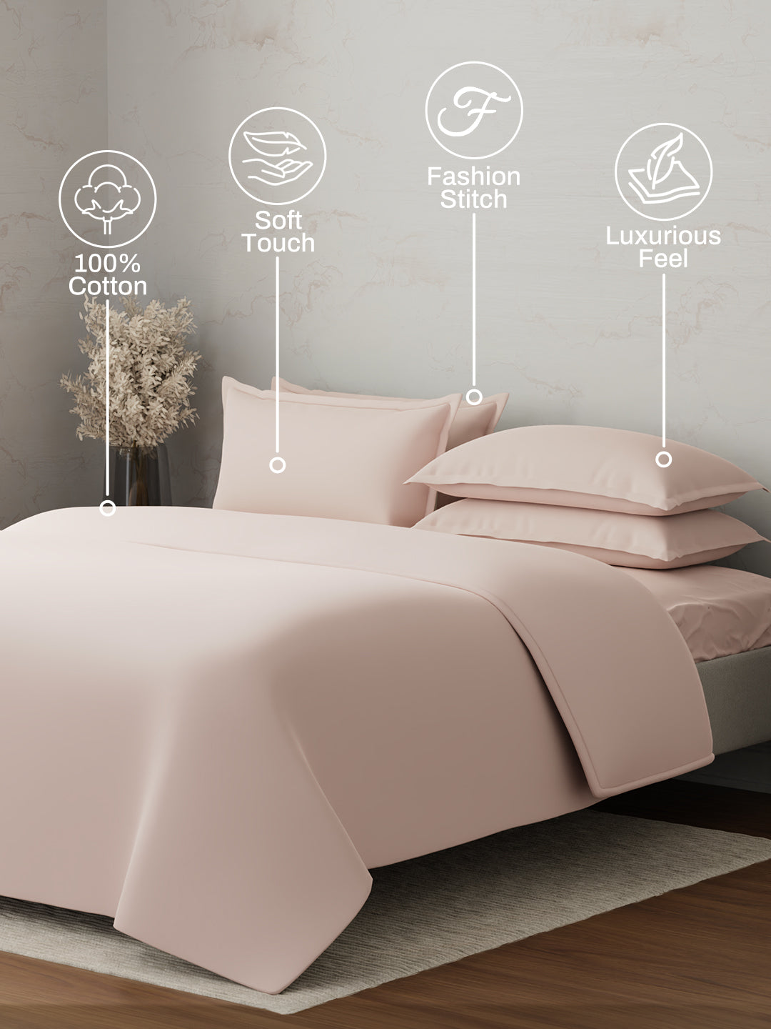100% Cotton 300 TC, King Size Dyed Bedsheet with 1 Duvet Cover and 4 Pillow Covers, Emblem Collection - Pearl Blush
