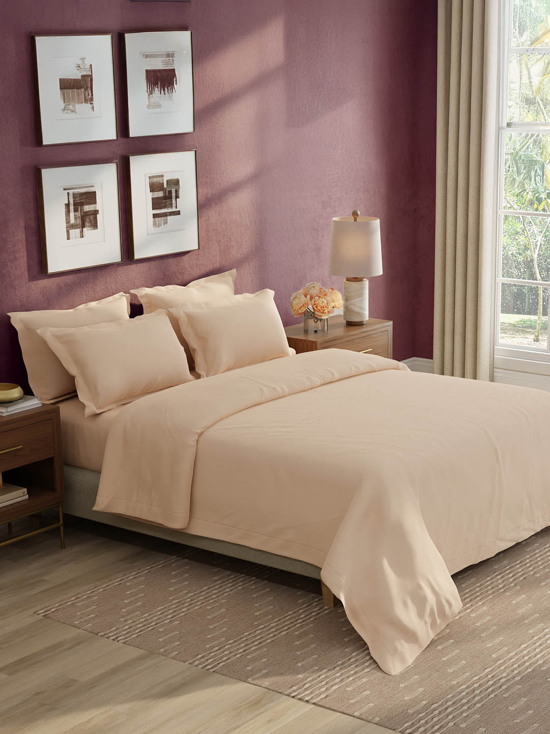 100% Cotton 300 TC, King Size Dyed Bedsheet with 1 Duvet Cover and 4 Pillow Covers, Emblem Collection - Pearl Blush