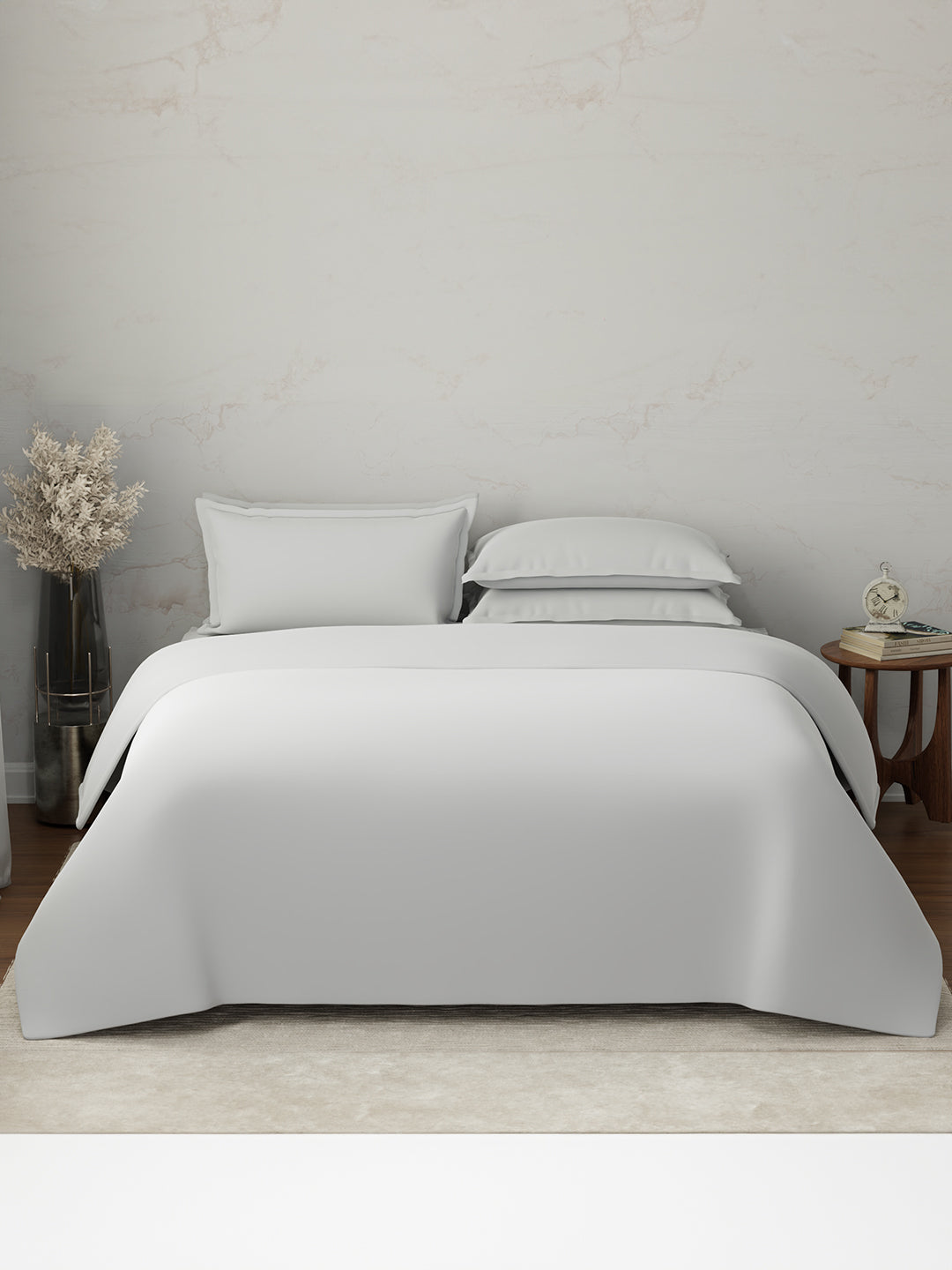 100% Cotton 300 TC, King Size Dyed Bedsheet with 1 Duvet Cover and 4 Pillow Covers, Emblem Collection - Oyester Mushroom