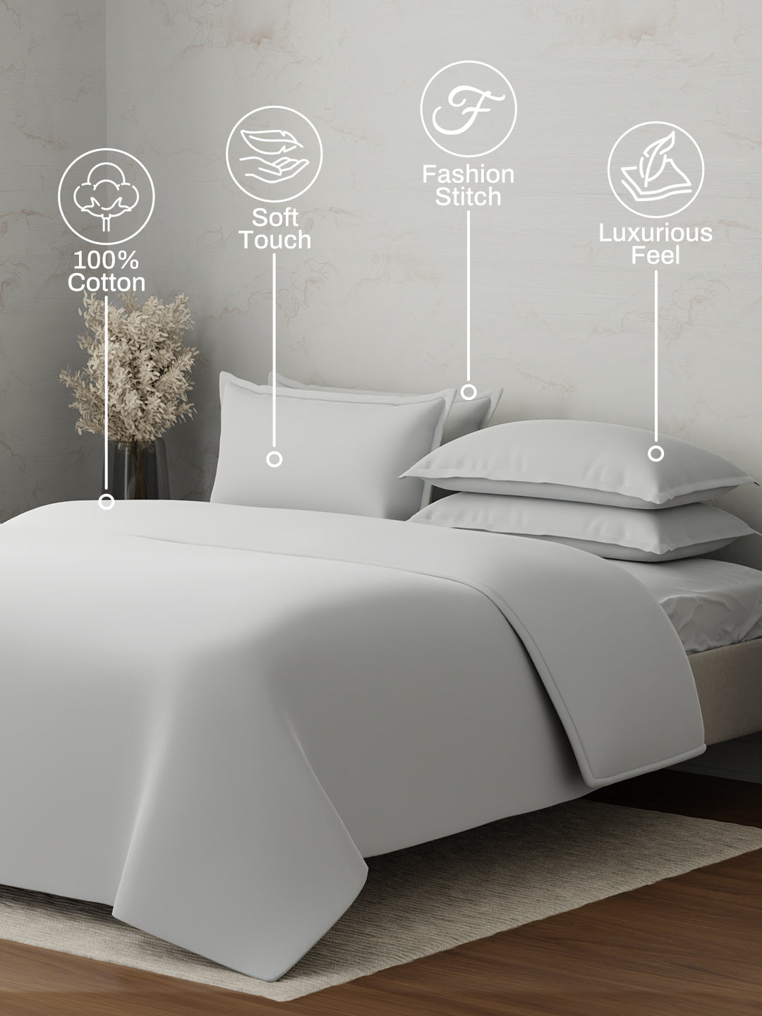 100% Cotton 300 TC, King Size Dyed Bedsheet with 1 Duvet Cover and 4 Pillow Covers, Emblem Collection - Oyester Mushroom