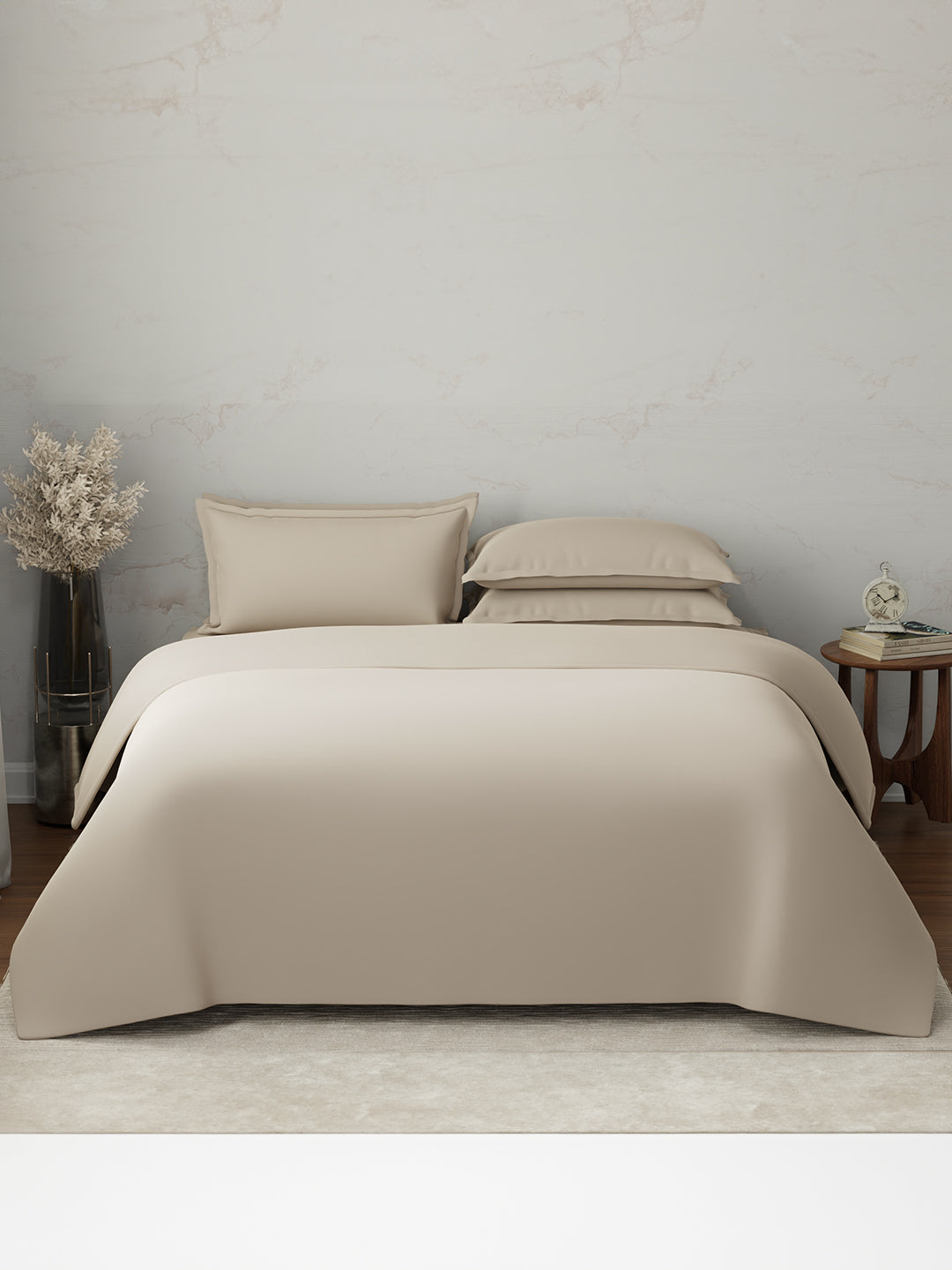 100% Cotton 300 TC, King Size Dyed Bedsheet with 1 Duvet Cover and 4 Pillow Covers, Emblem Collection - Light Taupe
