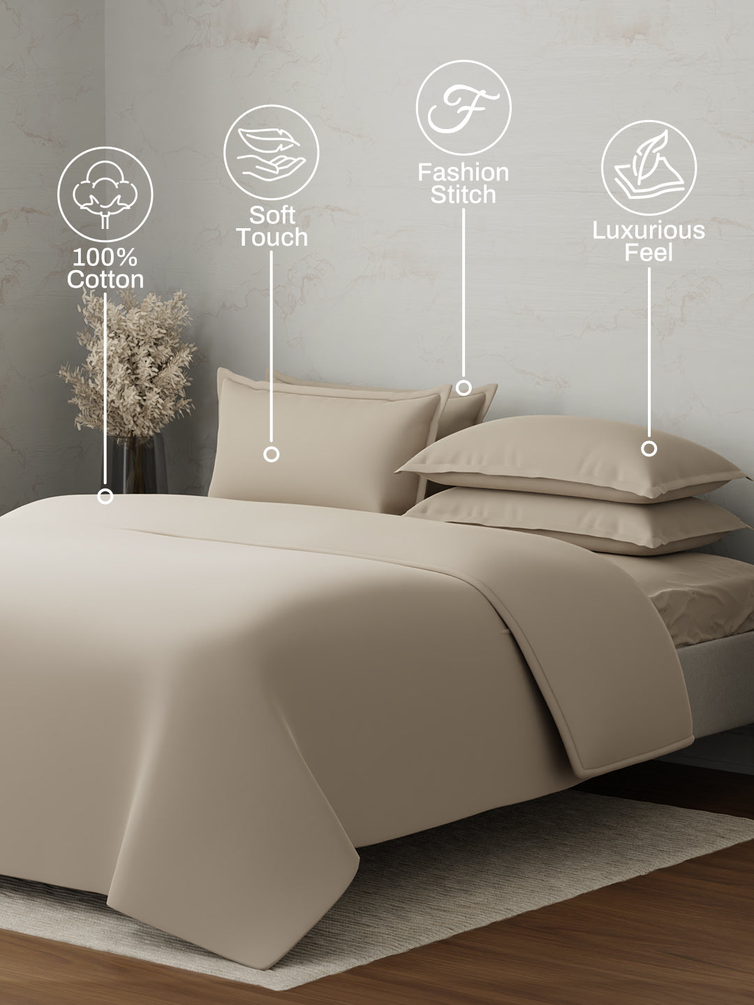 100% Cotton 300 TC, King Size Dyed Bedsheet with 1 Duvet Cover and 4 Pillow Covers, Emblem Collection - Light Taupe