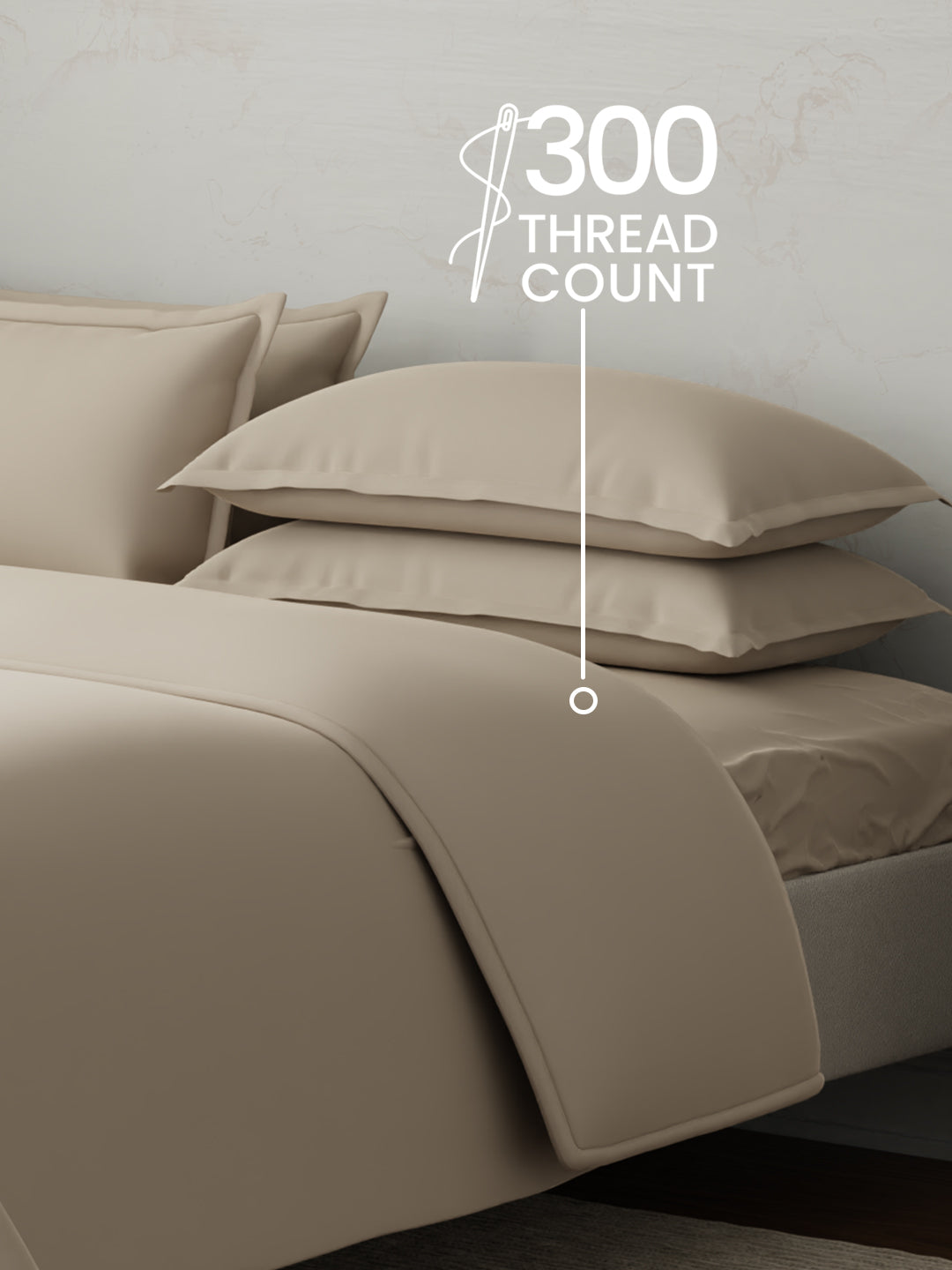 100% Cotton 300 TC, King Size Dyed Bedsheet with 1 Duvet Cover and 4 Pillow Covers, Emblem Collection - Light Taupe