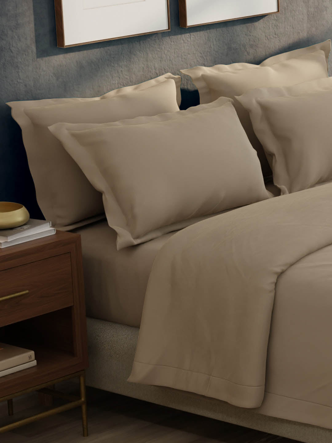 100% Cotton 300 TC, King Size Dyed Bedsheet with 1 Duvet Cover and 4 Pillow Covers, Emblem Collection - Light Taupe