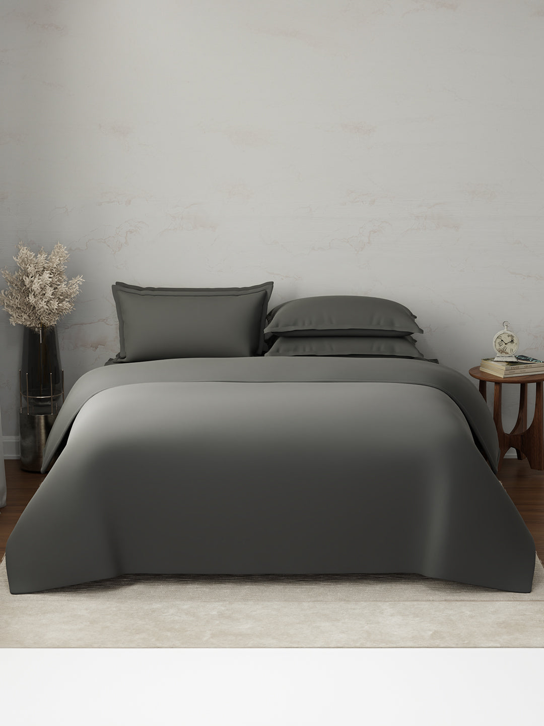 100% Cotton 300 TC, King Size Dyed Bedsheet with 1 Duvet Cover and 4 Pillow Covers, Emblem Collection - Pewter
