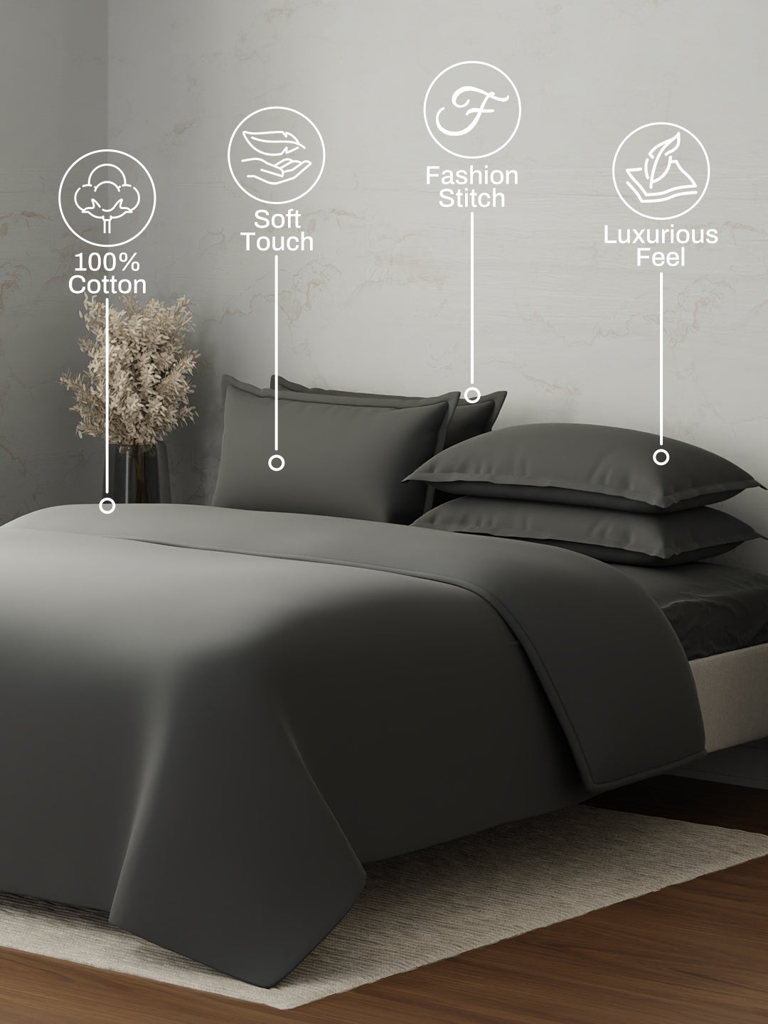 100% Cotton 300 TC, King Size Dyed Bedsheet with 1 Duvet Cover and 4 Pillow Covers, Emblem Collection - Pewter