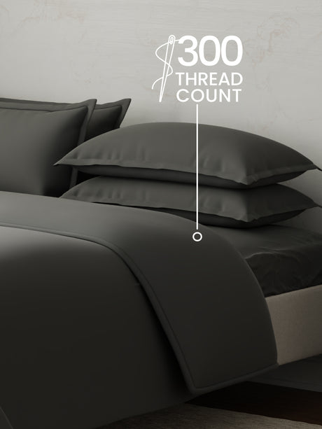 100% Cotton 300 TC, King Size Dyed Bedsheet with 1 Duvet Cover and 4 Pillow Covers, Emblem Collection - Pewter