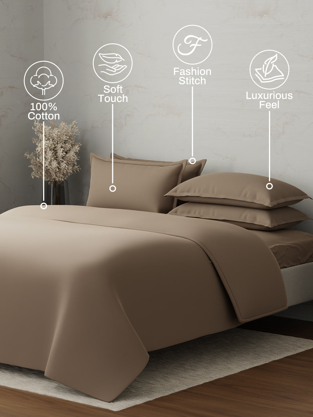 100% Cotton 300 TC, King Size Dyed Bedsheet with 1 Duvet Cover and 4 Pillow Covers, Emblem Collection - Caribou