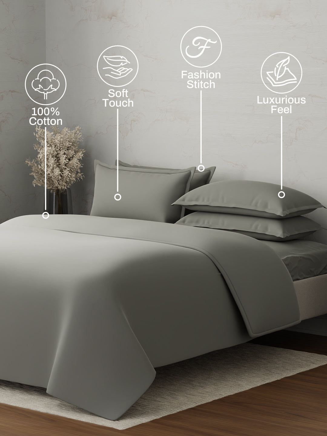 100% Cotton 300 TC, King Size Dyed Bedsheet with 1 Duvet Cover and 4 Pillow Covers, Emblem Collection - Steeple Gray