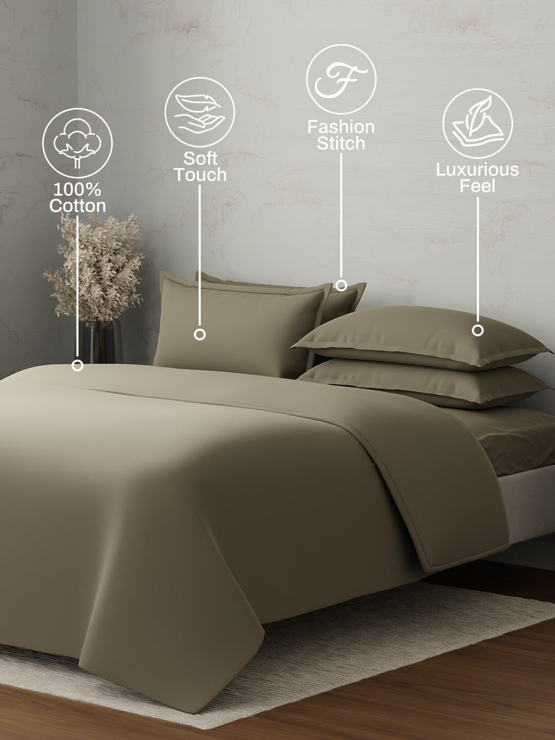 100% Cotton 300 TC, King Size Dyed Bedsheet with 1 Duvet Cover and 4 Pillow Covers, Emblem Collection - Dusky Green