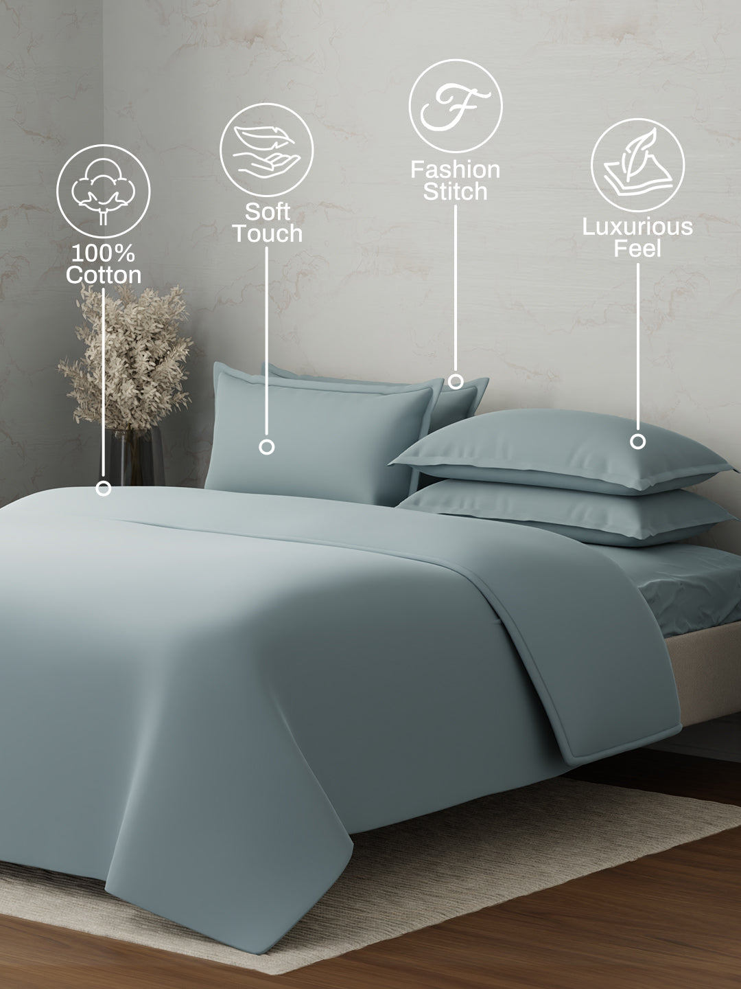 100% Cotton 300 TC, King Size Dyed Bedsheet with 1 Duvet Cover and 4 Pillow Covers, Emblem Collection - Arona